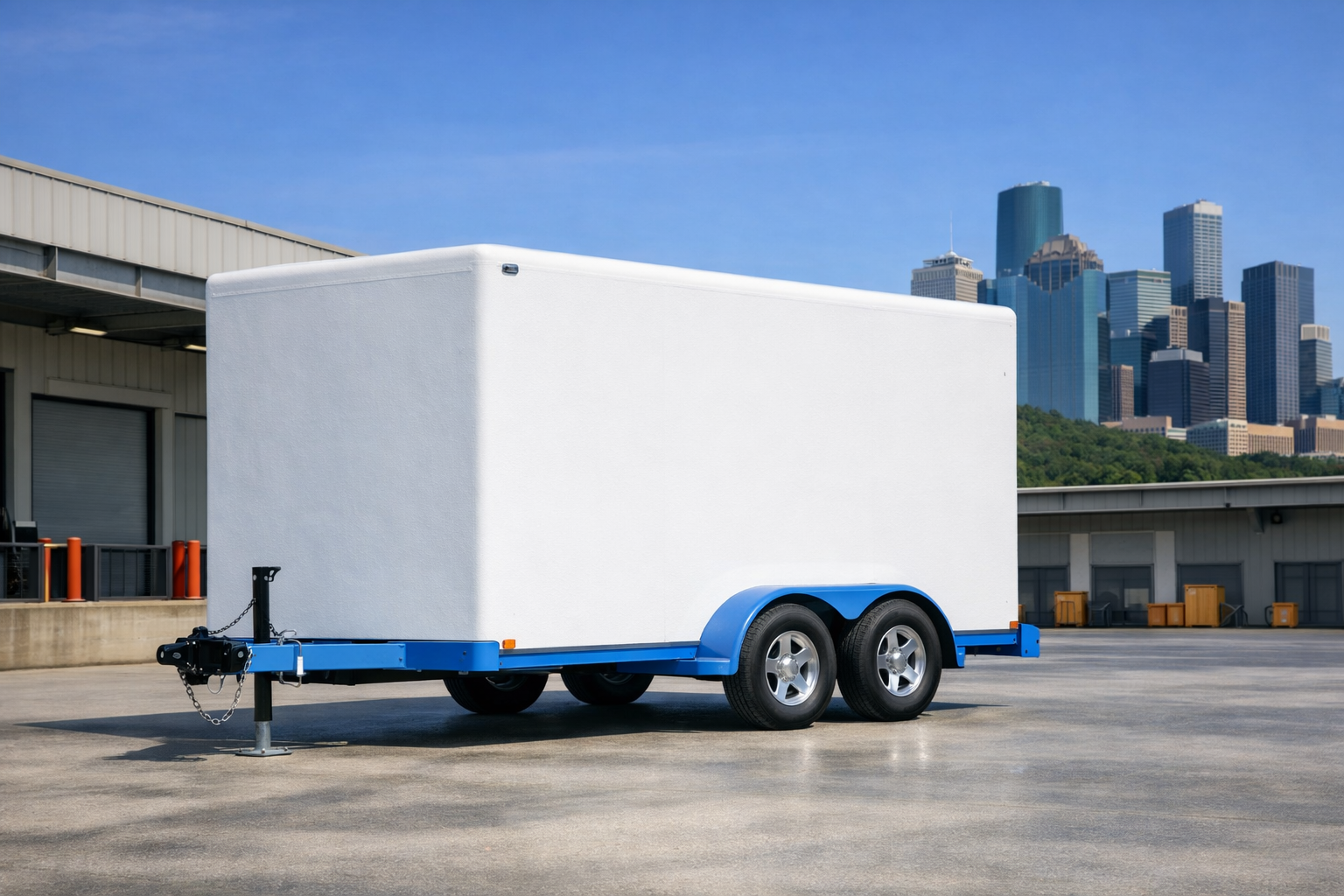 Refrigerated trailer parked at a modern Houston commercial facility under clear blue skies, with the city skyline visible in the background.