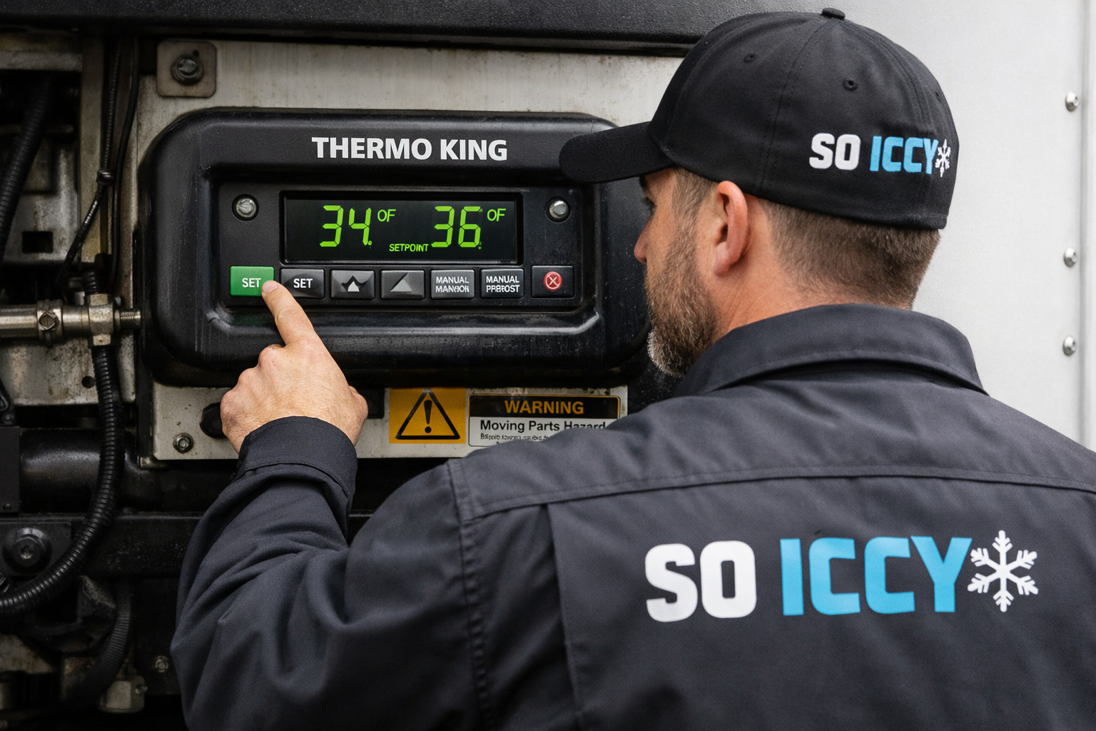 So Iccy technician checking temperature settings on refrigerated trailer control panel